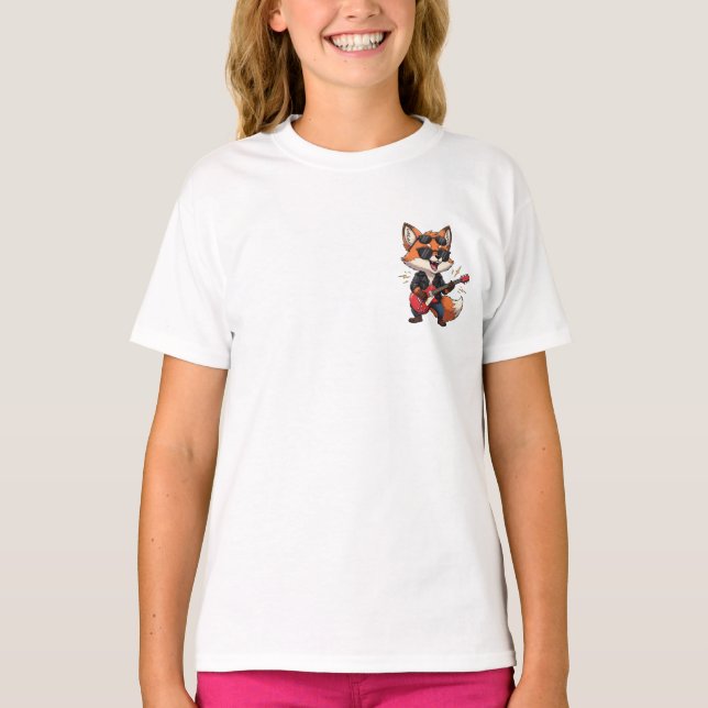 Cool Cartoon Rock Star Fox Playing Red Electric Gu T-Shirt (Vorderseite)