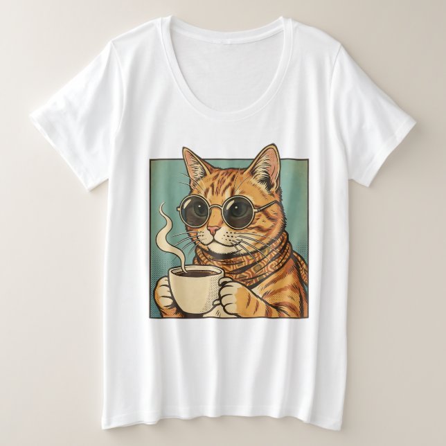 Cool Cat Coffee Retro Style Design for Cat Lovers Große Größe T-Shirt (Design vorne)