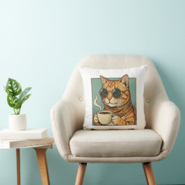 Cool Cat Coffee Retro Style Design for Cat Lovers Kissen