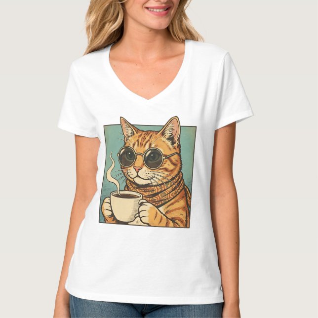 Cool Cat Coffee Retro Style Design for Cat Lovers T-Shirt (Vorderseite)