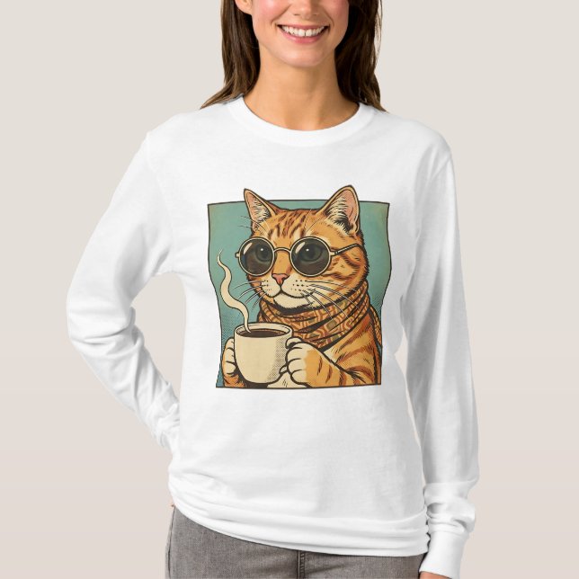 Cool Cat Coffee Retro Style Design for Cat Lovers T-Shirt (Vorderseite)