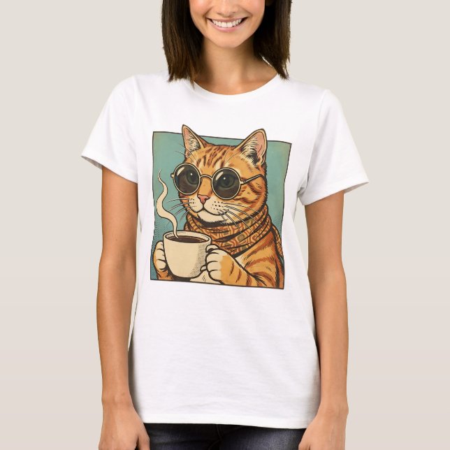 Cool Cat Coffee Retro Style Design for Cat Lovers T-Shirt (Vorderseite)