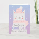 Cool Cat Funny Birthday Karte<br><div class="desc">Niedliche und lustige Pun-Geburtstagskarte für Kinder mit einer Abbildung einer weißen Katze mit einer rosa Mütze und einem Schal. Der Hintergrund ist hübsch lila und blau ombre mit Schnee. Im Text steht: "Du bist eine coole Katze. Ich bin dir nicht kätzlich!"</div>