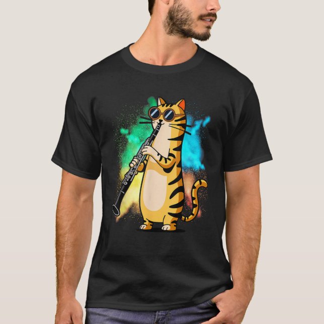 Cool Cat Playing The Clarinet Design Hippy Hipster T-Shirt (Vorderseite)