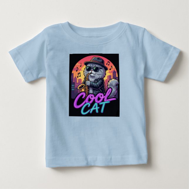 Cool Cat Saxophone – Retro Neon 90s Jazz Cat Desig Baby T-shirt (Vorderseite)
