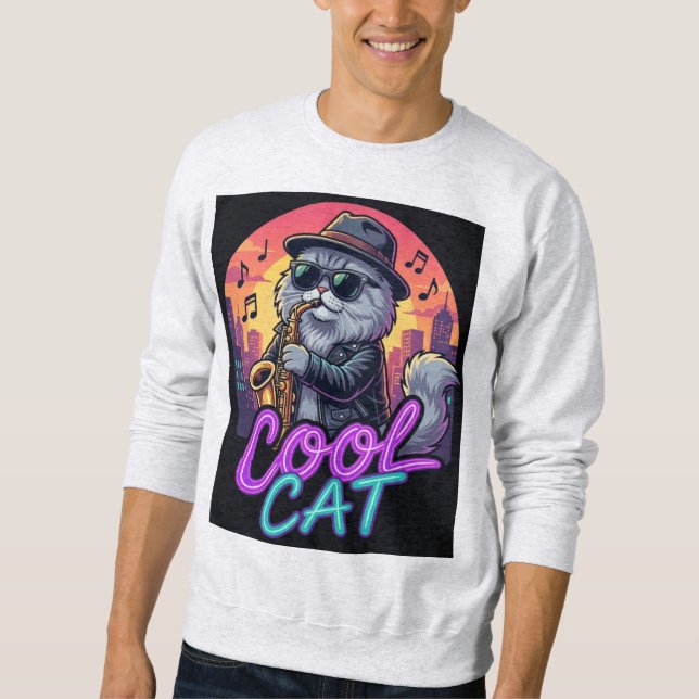 Cool Cat Saxophone – Retro Neon 90s Jazz Cat Desig Sweatshirt (Vorderseite)