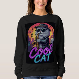 Cool Cat Saxophone – Retro Neon 90s Jazz Cat Desig Sweatshirt