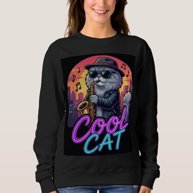 Cool Cat Saxophone – Retro Neon 90s Jazz Cat Desig Sweatshirt (Vorderseite)