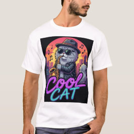 Cool Cat Saxophone – Retro Neon 90s Jazz Cat Desig T-Shirt