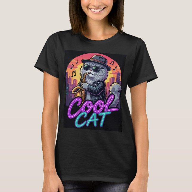 Cool Cat Saxophone –Retro Neon 90s Jazz Cat Design T-Shirt (Vorderseite)