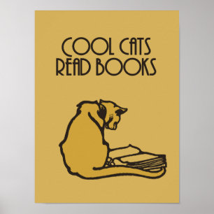 Cool cats read books retro style poster