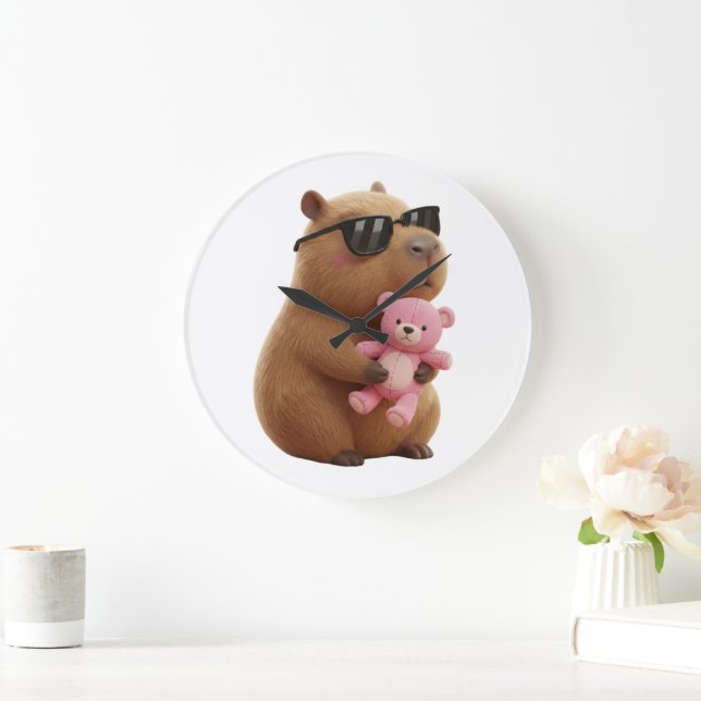 Cool Chill Capybara with Pink Teddy Bear Große Wanduhr (Zuhause)