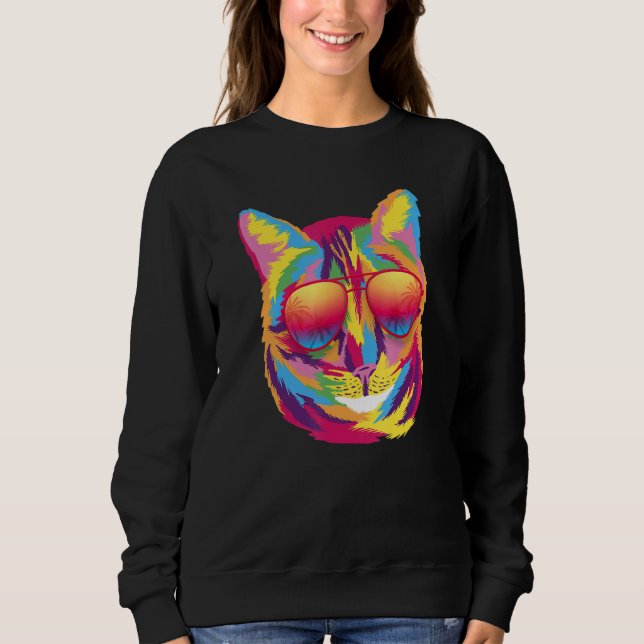 Cool Colorful Cute Cat Sunglasses Tropical Palm Tr Sweatshirt (Vorderseite)