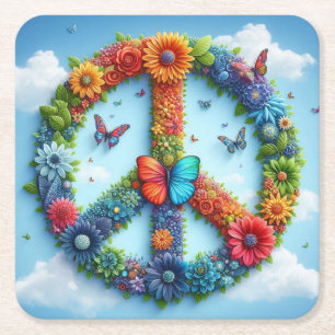 Cool & Colorful Floral Peace Sign mit Butterfly Rechteckiger Pappuntersetzer