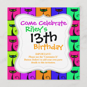 Cool Colorful Kitty Cat Pop Art Einladung