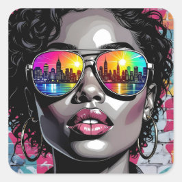 Cool Comic Woman in City with Sunglasses Quadratischer Aufkleber