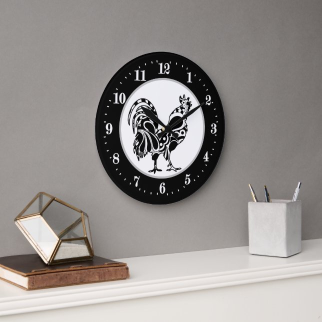 Cool Country rooster decor Large Clock Große Wanduhr (Büro)