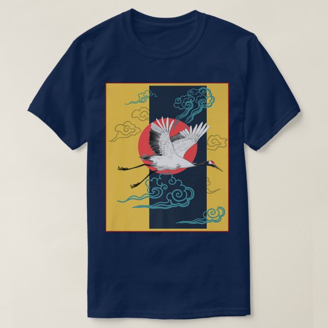 Cool Crane Bird Artwork, Dance of Cranes Japanese  T-Shirt (Design vorne)