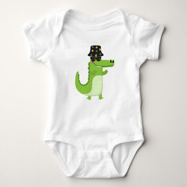 Cool Crocodile with Sunglasses and Leafy Bucket Baby Strampler (Vorderseite)