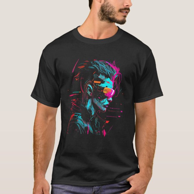 Cool Cyberpunk Style Girl Wearing Virtual Reality  T-Shirt (Vorderseite)