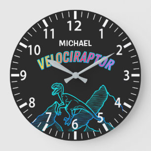 Cool Dinosaur Velociraptor Neon Lineart Clock Große Wanduhr