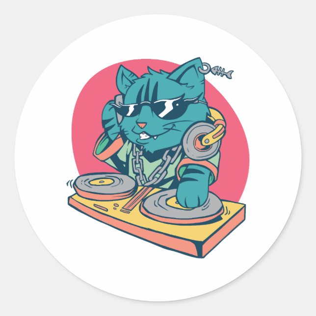 Cool DJ Cat Runder Aufkleber (Vorderseite)