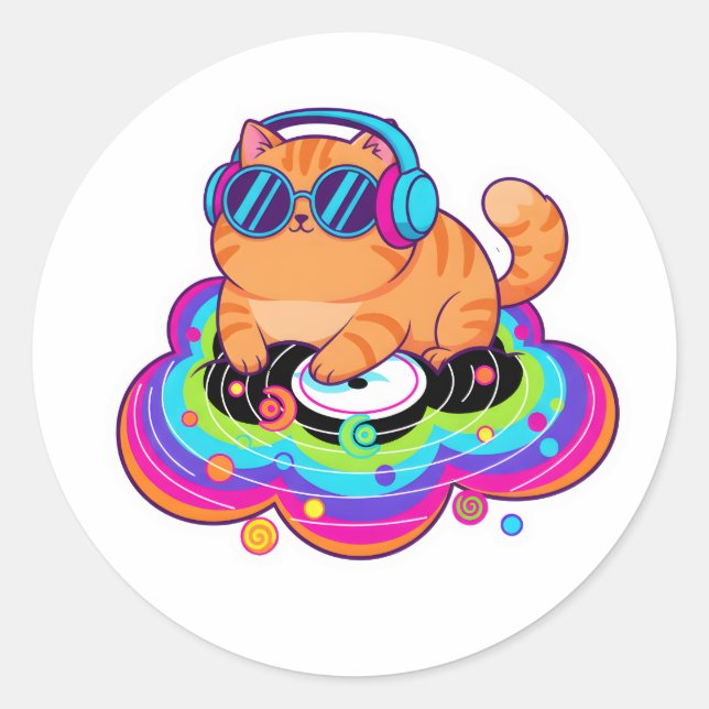 Cool DJ Orange Cat with Headphones on Rainbow Clou Runder Aufkleber (Vorderseite)