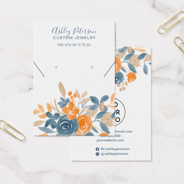 Cool fall orange blue floral watercolor earrings (Büro)