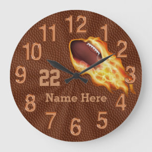 Cool Flaming Football Clocks with NAME and NUMBER Große Wanduhr