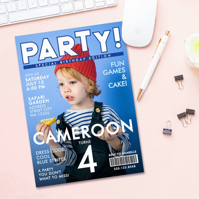 Cool Fun Blue Special Magazine Cover Kids Birthday Einladung (Von Creator hochgeladen)