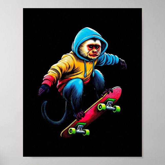 Cool Funky Capuchin Monkey Skateboarding Illustrat Poster (Vorne)