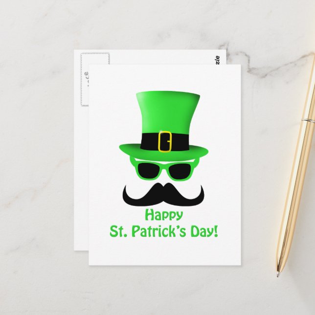 Cool Funny St. Patrick's Day Mustache Top Hut Mann Postkarte (Vorderseite/Rückseite Beispiel)