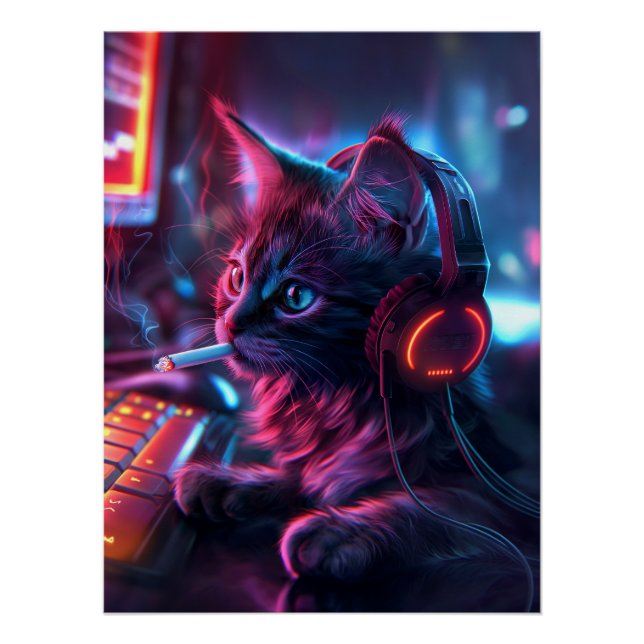Cool Gamer Cat Rauchen Funny Poster (Vorderseite)