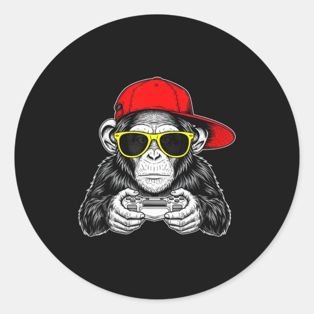 Cool Gamer Monkey With Controller Funny Gaming Vid Runder Aufkleber (Vorderseite)