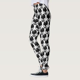 Cool Geeky Metallic Shiny Alien Head Black & White Leggings