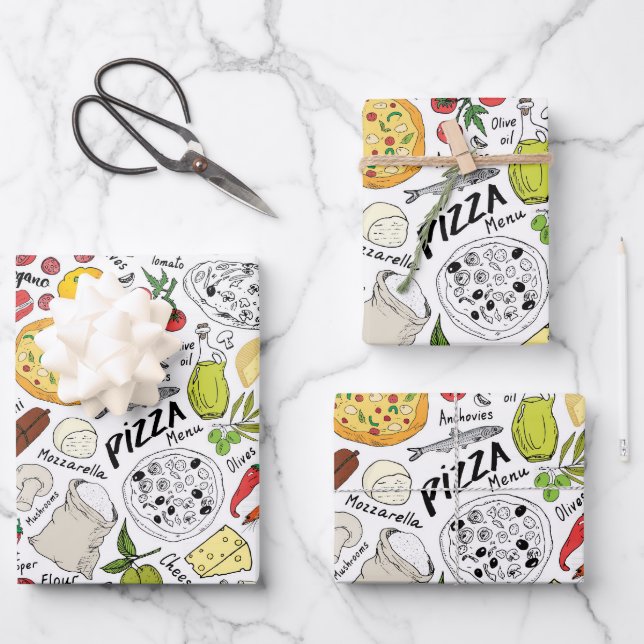 cool gefliestes Pizza-Party Geschenkpapier Set (Vorderseite)