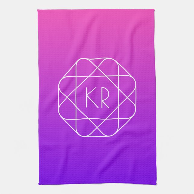 Cool Geometrisches Monogramm | Magenta Lila Violet Geschirrtuch (Vertikal)