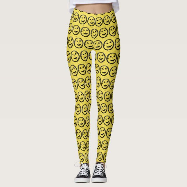 Cool Gesellig Lächelndes Gesichtsmuster gelb Leggings (Vorderseite)