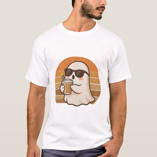 Cool Ghost with Coffee Halloween T-Shirt  (Vorderseite)
