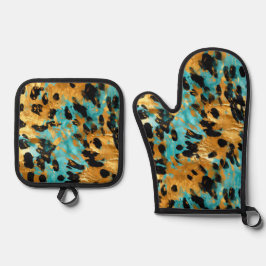 Cool Gold Aqua Leopard Ofenhandschuh & Topflappen-Set