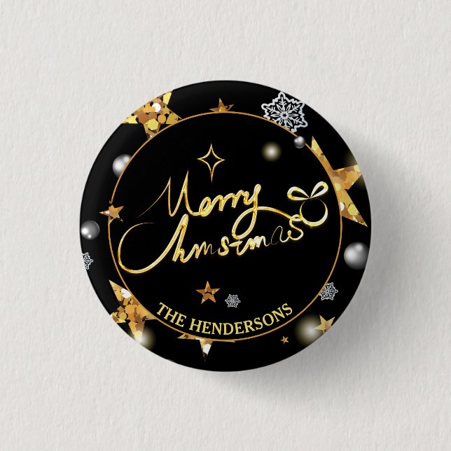 Cool Gold Black Stars Custom Frohe Weihnachten Button (Vorderseite)