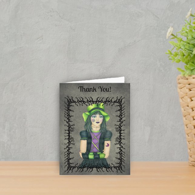 Cool Goth Girl Green Hat Tattoos Black Barbs Gray Dankeskarte (Pretty Goth girl tattoos green hat in black barbed branch frame on grey Thank You cards.)