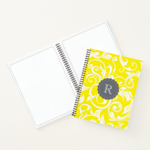 Cool-Graugelbe florale Tapete Swirbelmonogramm Notizbuch