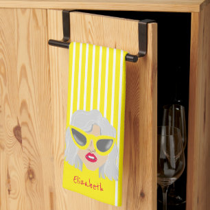 Cool Gray-Haired Woman Yellow Custom Name Geschirrtuch