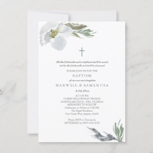 Cool Gray Watercolor Florals Twins Taufe Einladung