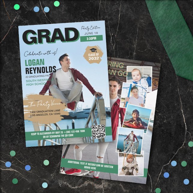 Cool Green Black Photos Magazine Cover Graduation Einladung (Von Creator hochgeladen)