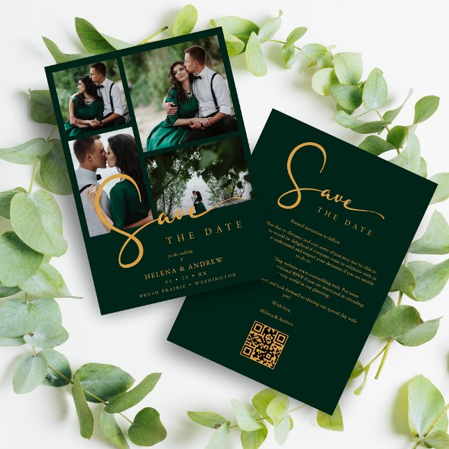 Cool Green Trendy 4 Multi Photos Collage QR Save The Date (Cool Dark Green Trend 4 Multi Photos Collage QR Wedding Save the Date Card With Envelope. )