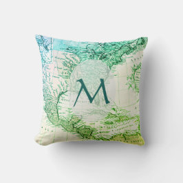 Cool Green Vintag Map Nordamerika Monogram Kissen