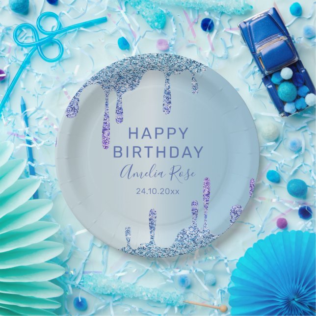 Cool Happy Birthday Glitzer Tropfens Blue Metallic Pappteller (Party)