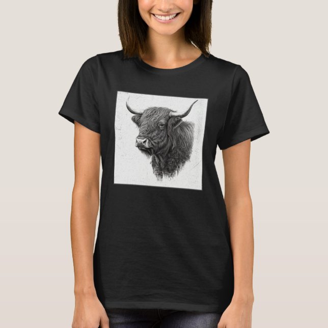 Cool Highland Cow Illustration Black Horn Women Me T-Shirt (Vorderseite)